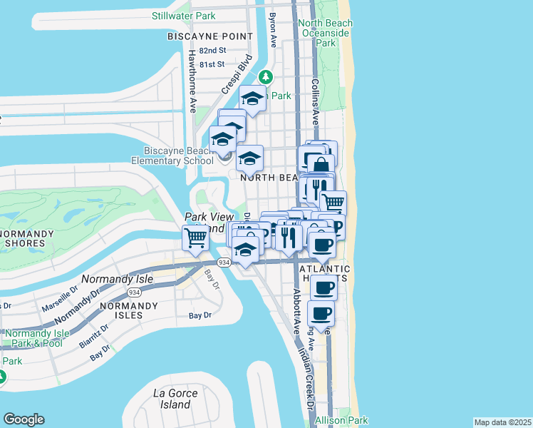 map of restaurants, bars, coffee shops, grocery stores, and more near 535 73rd Street in Miami Beach
