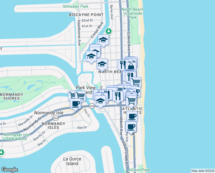 map of restaurants, bars, coffee shops, grocery stores, and more near 535 73rd Street in Miami Beach