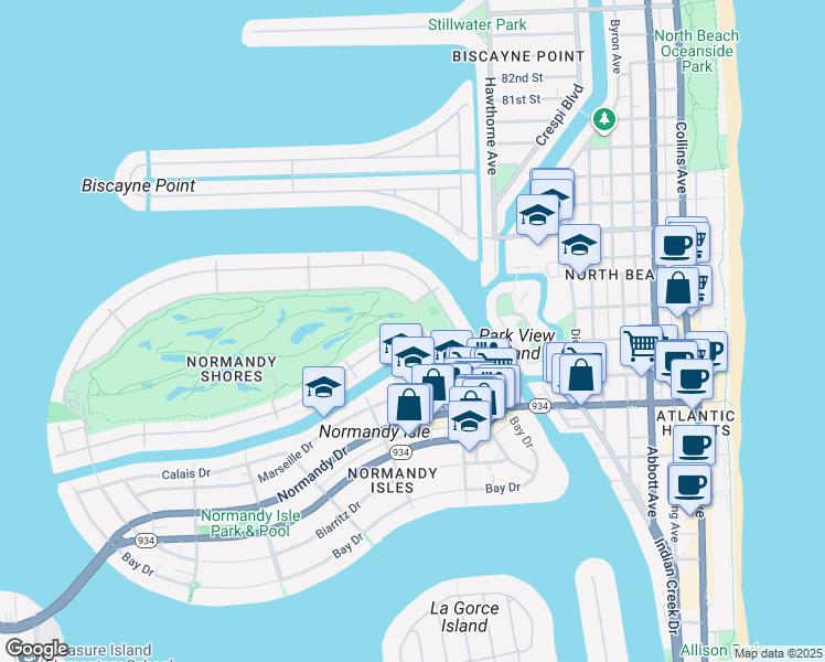 map of restaurants, bars, coffee shops, grocery stores, and more near 95 South Shore Drive in Miami
