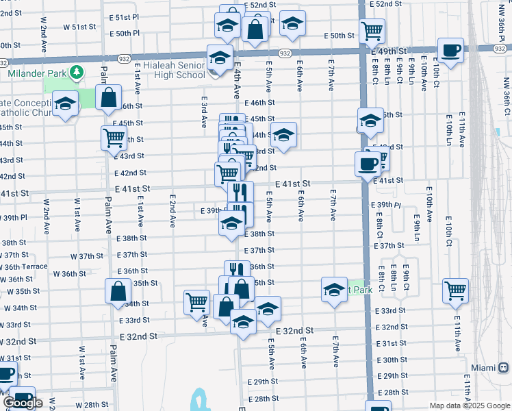map of restaurants, bars, coffee shops, grocery stores, and more near 422-424 East 40th Street in Hialeah