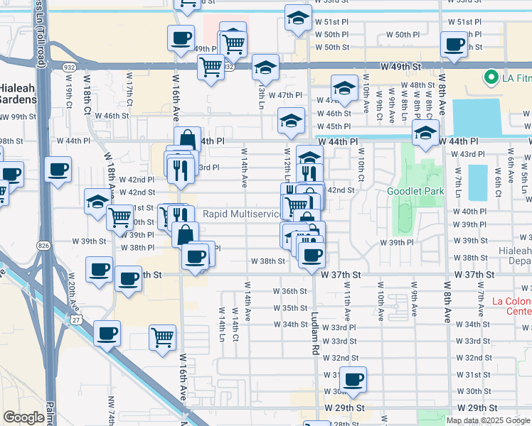 map of restaurants, bars, coffee shops, grocery stores, and more near 1360 West 41st Street in Hialeah