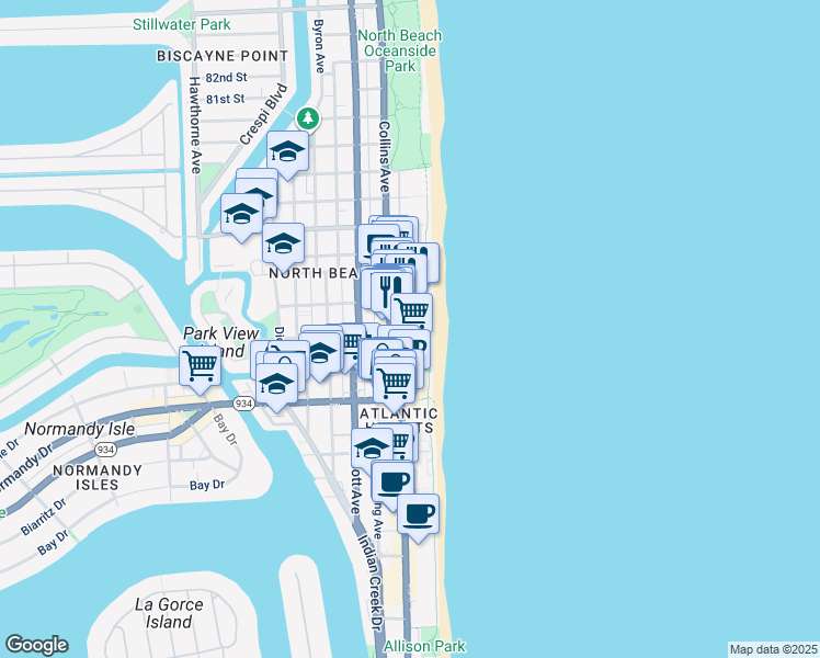 map of restaurants, bars, coffee shops, grocery stores, and more near 7300 Ocean Terrace in Miami Beach