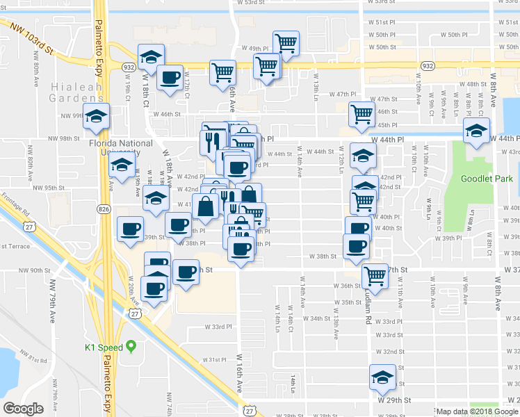 map of restaurants, bars, coffee shops, grocery stores, and more near 1516 West 41st Street in Hialeah