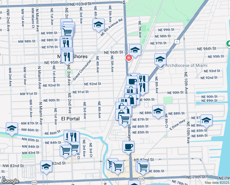 map of restaurants, bars, coffee shops, grocery stores, and more near 506 Northeast 91st Street in Miami Shores
