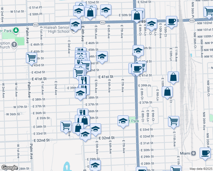 map of restaurants, bars, coffee shops, grocery stores, and more near 580 East 40th Street in Hialeah