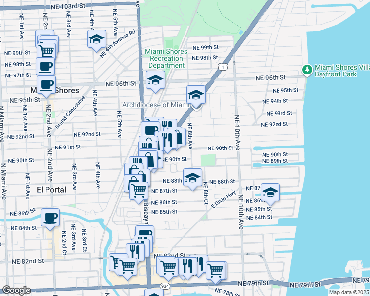 map of restaurants, bars, coffee shops, grocery stores, and more near 9022 Northeast 8th Avenue in Miami