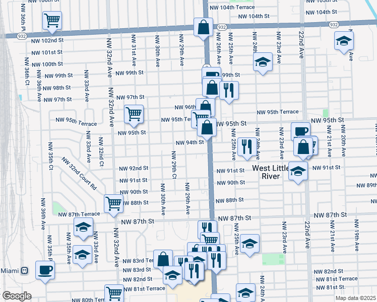 map of restaurants, bars, coffee shops, grocery stores, and more near 2895 NW 93rd St in Miami