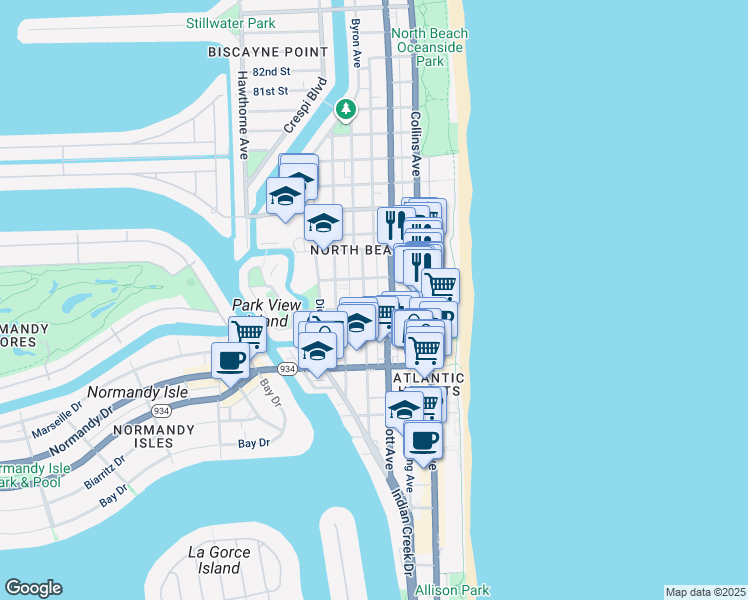 map of restaurants, bars, coffee shops, grocery stores, and more near 7311 Byron Avenue in Miami Beach