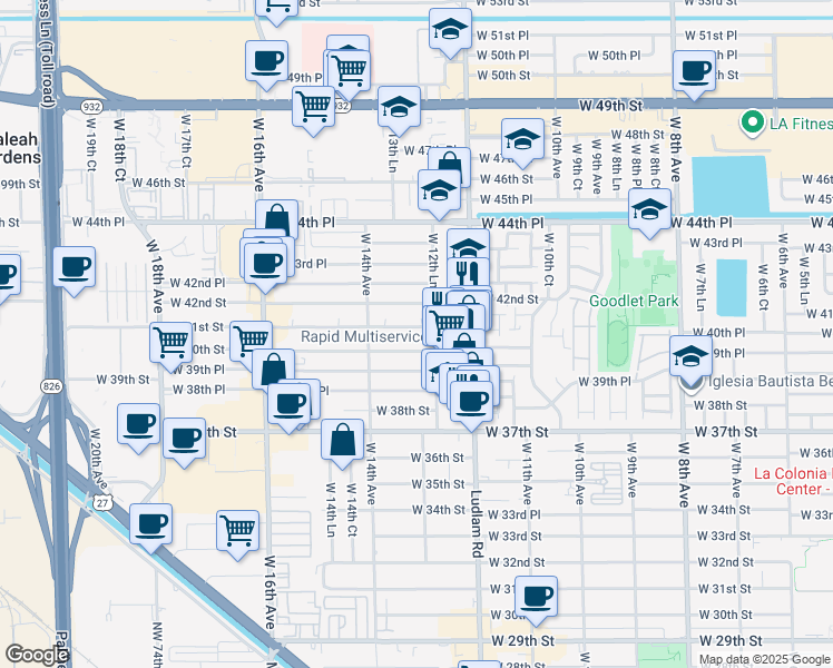 map of restaurants, bars, coffee shops, grocery stores, and more near 1324 West 40th Street in Hialeah