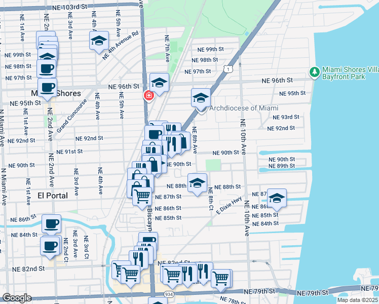 map of restaurants, bars, coffee shops, grocery stores, and more near 9050 Northeast 8th Avenue in Miami Shores