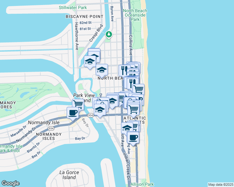 map of restaurants, bars, coffee shops, grocery stores, and more near 26 73rd Street in Miami Beach