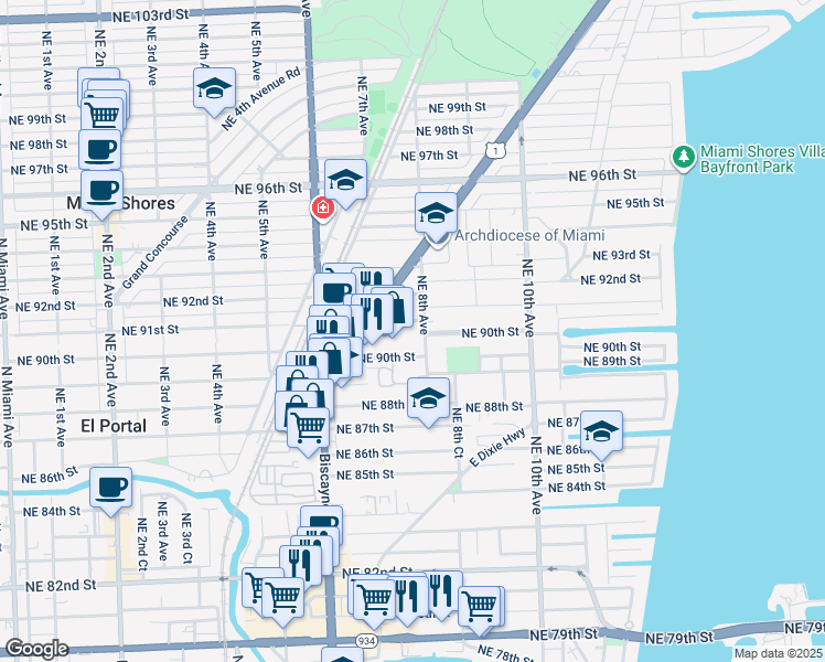 map of restaurants, bars, coffee shops, grocery stores, and more near 9050 Northeast 8th Avenue in Miami Shores