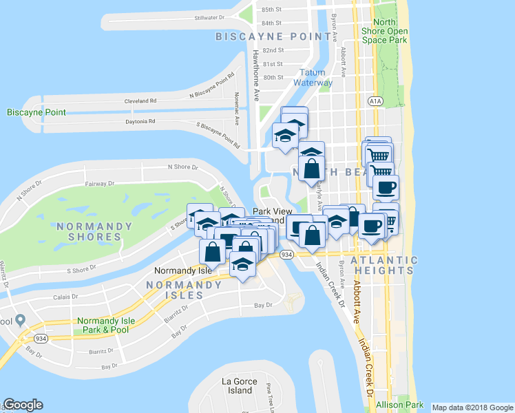 map of restaurants, bars, coffee shops, grocery stores, and more near 7366 Gary Avenue in Miami Beach