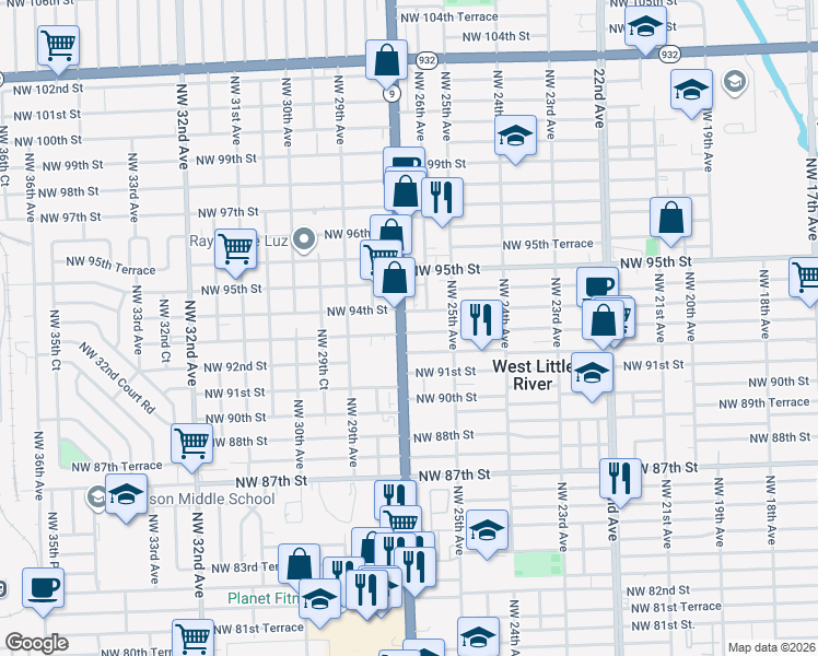 map of restaurants, bars, coffee shops, grocery stores, and more near 2731 Northwest 93rd Street in Miami