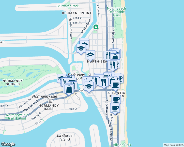map of restaurants, bars, coffee shops, grocery stores, and more near 7310 Dickens Avenue in Miami Beach