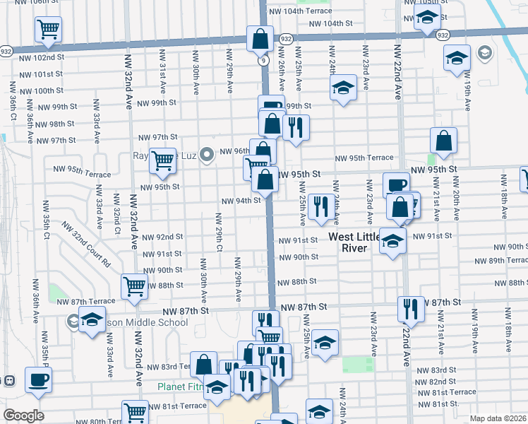 map of restaurants, bars, coffee shops, grocery stores, and more near 2731 Northwest 93rd Street in Miami
