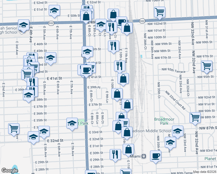 map of restaurants, bars, coffee shops, grocery stores, and more near 920 East 39th Place in Hialeah