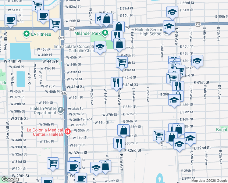 map of restaurants, bars, coffee shops, grocery stores, and more near 3984 Palm Avenue in Hialeah