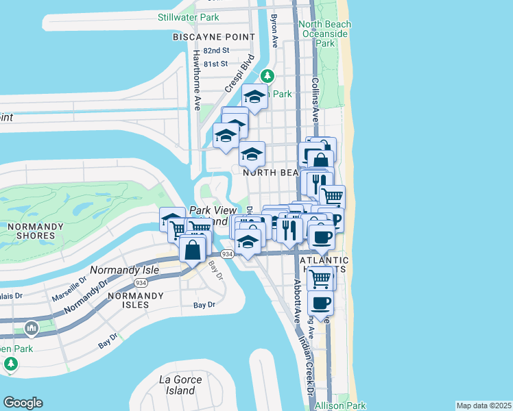 map of restaurants, bars, coffee shops, grocery stores, and more near 7320 Carlyle Avenue in Miami Beach