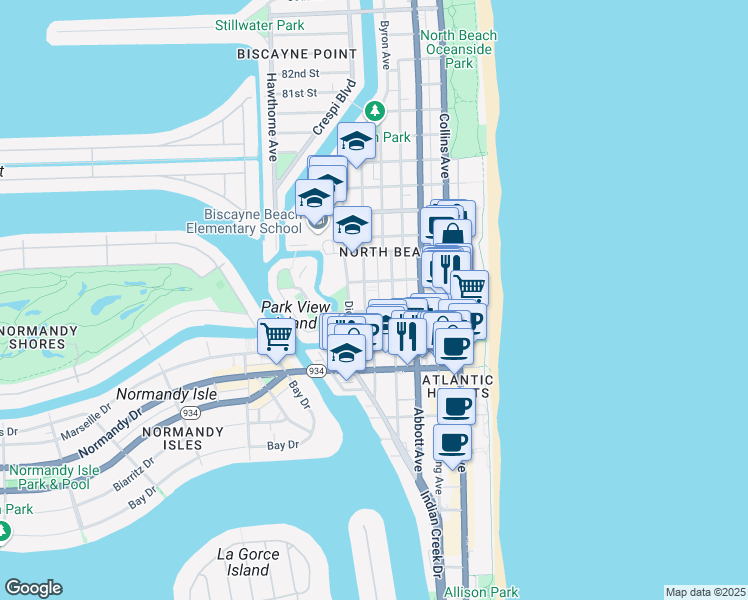 map of restaurants, bars, coffee shops, grocery stores, and more near 535 73rd Street in Miami Beach