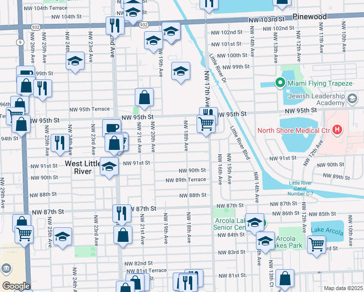 map of restaurants, bars, coffee shops, grocery stores, and more near 1814 Northwest 93rd Street in Miami