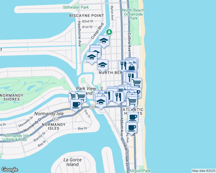 map of restaurants, bars, coffee shops, grocery stores, and more near 535 73rd Street in Miami Beach