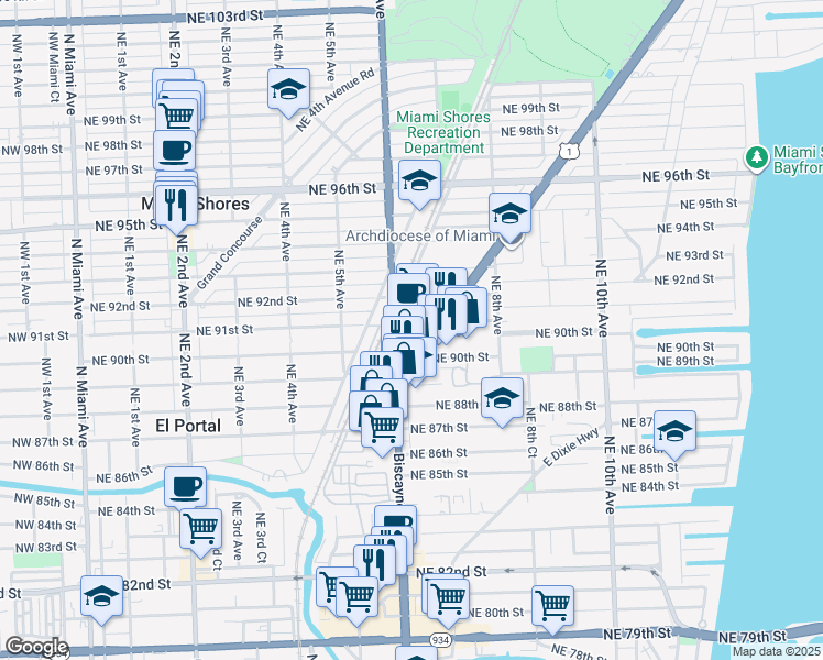 map of restaurants, bars, coffee shops, grocery stores, and more near 9050 Biscayne Boulevard in Miami Shores