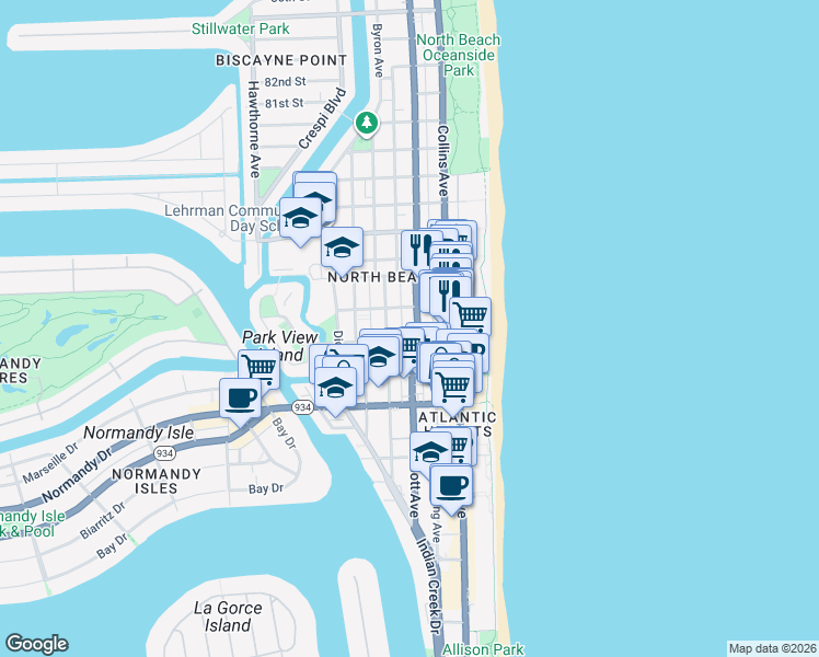 map of restaurants, bars, coffee shops, grocery stores, and more near 26 73rd Street in Miami Beach