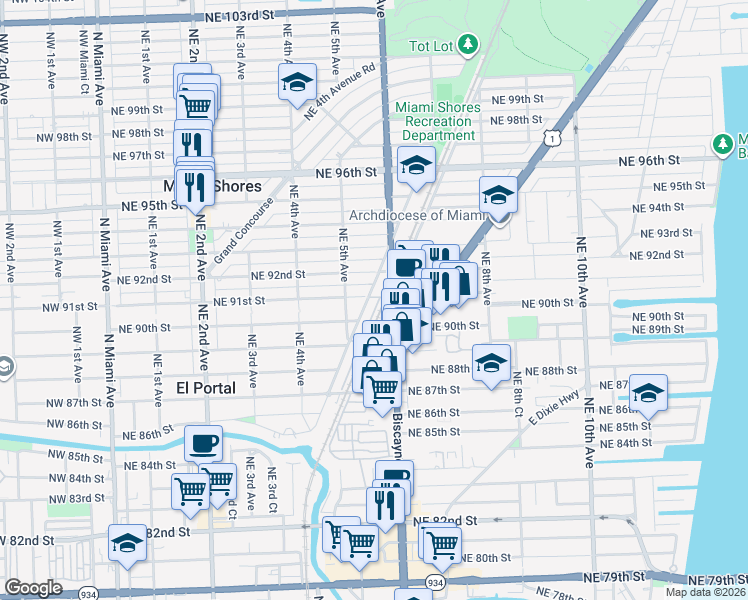 map of restaurants, bars, coffee shops, grocery stores, and more near 9080 Northeast 6th Avenue in Miami Shores