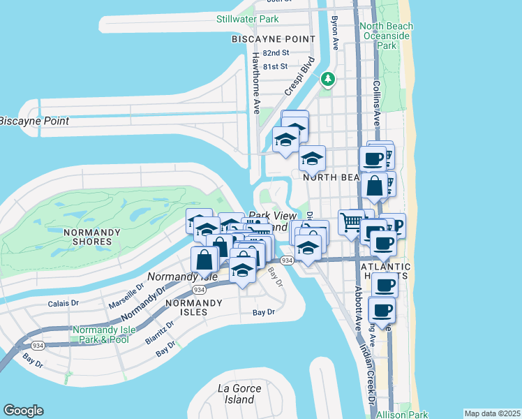 map of restaurants, bars, coffee shops, grocery stores, and more near 7356 Gary Avenue in Miami Beach