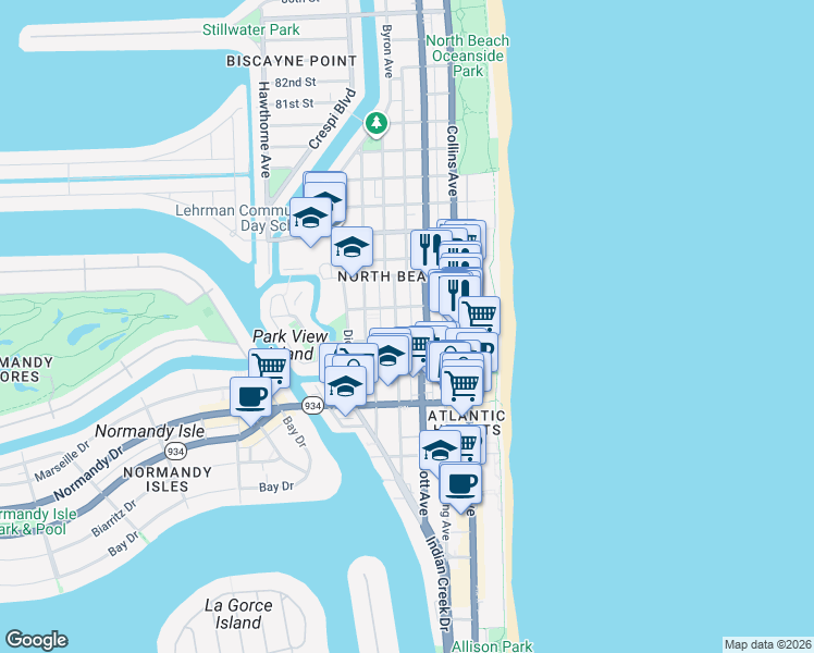 map of restaurants, bars, coffee shops, grocery stores, and more near 26 73rd Street in Miami Beach