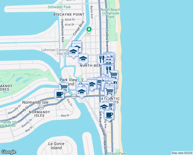 map of restaurants, bars, coffee shops, grocery stores, and more near 26 73rd Street in Miami Beach