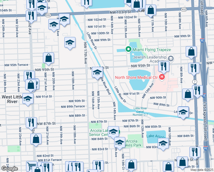 map of restaurants, bars, coffee shops, grocery stores, and more near 9200 Little River Boulevard in Miami