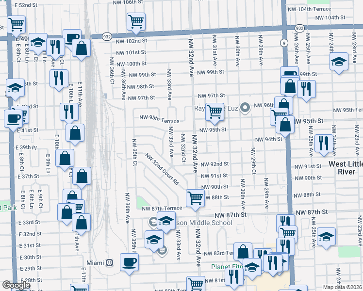 map of restaurants, bars, coffee shops, grocery stores, and more near 9300 Northwest 32nd Court in Miami