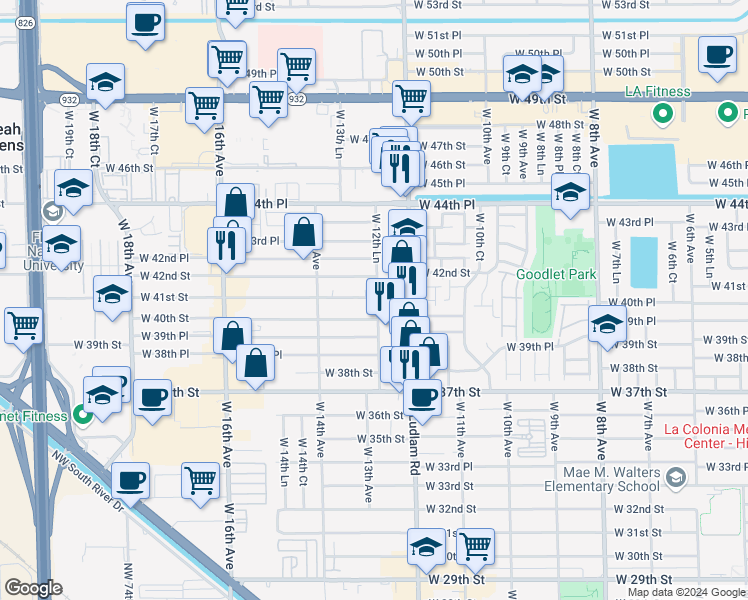 map of restaurants, bars, coffee shops, grocery stores, and more near 1324 West 40th Street in Hialeah