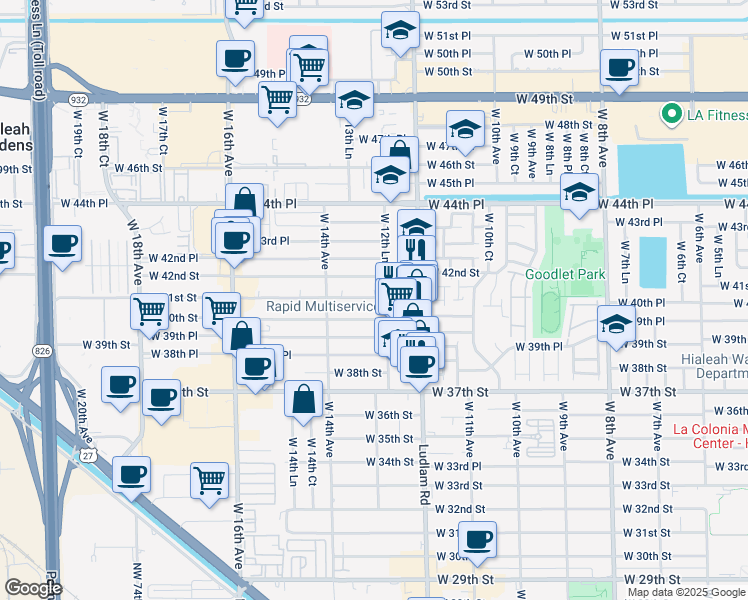 map of restaurants, bars, coffee shops, grocery stores, and more near 1324 West 40th Street in Hialeah