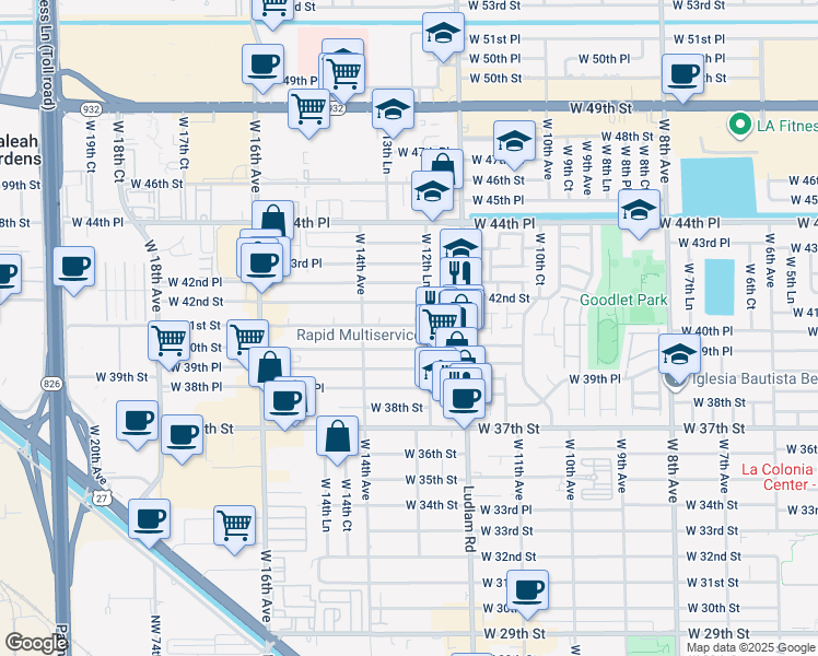 map of restaurants, bars, coffee shops, grocery stores, and more near 1324 West 40th Street in Hialeah
