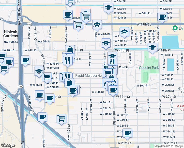 map of restaurants, bars, coffee shops, grocery stores, and more near 1360 West 41st Street in Hialeah