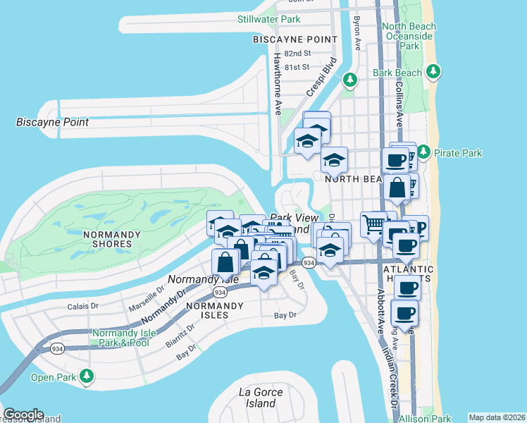 map of restaurants, bars, coffee shops, grocery stores, and more near 79 North Shore Drive in Miami Beach