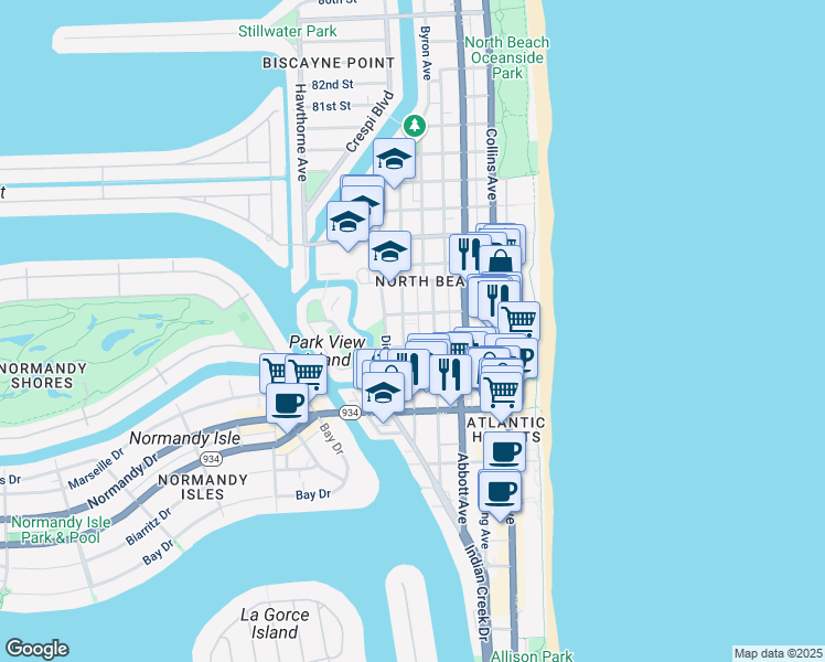 map of restaurants, bars, coffee shops, grocery stores, and more near 535 73rd Street in Miami Beach