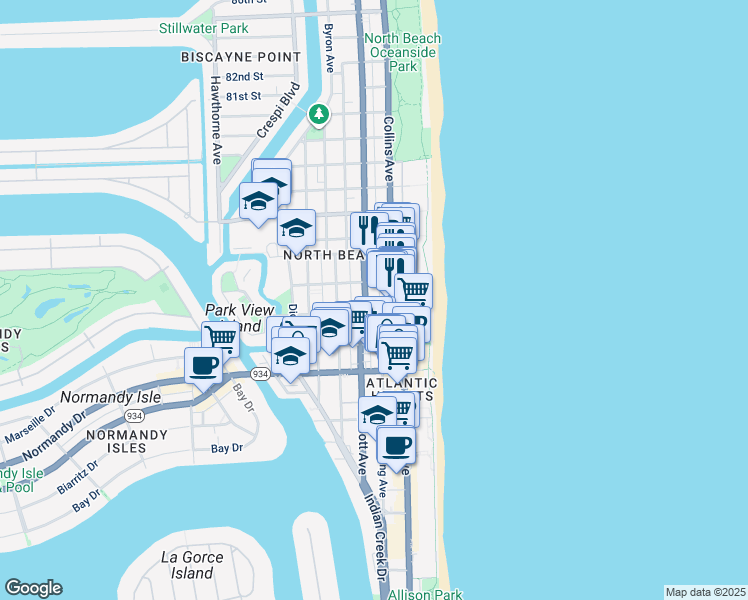 map of restaurants, bars, coffee shops, grocery stores, and more near 7315 Harding Avenue in Miami Beach