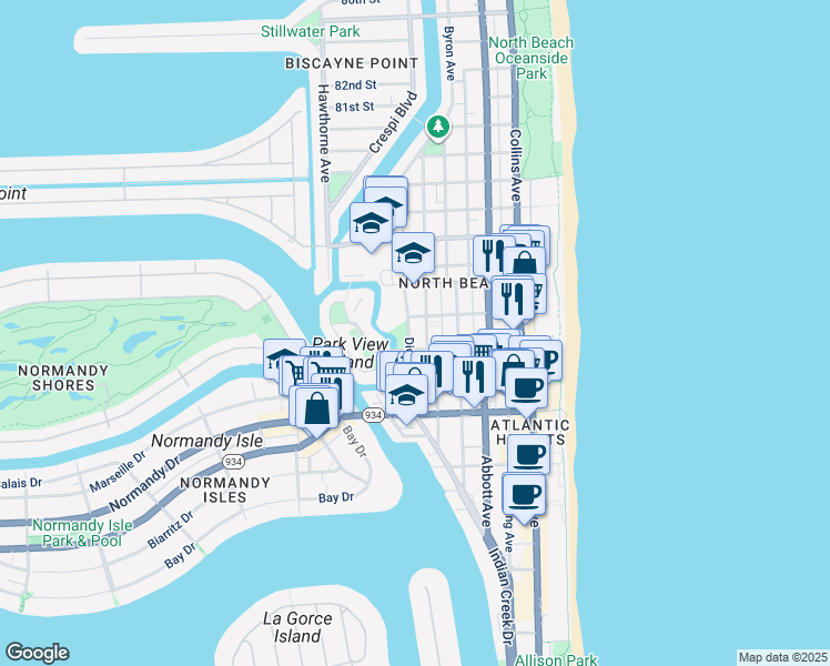 map of restaurants, bars, coffee shops, grocery stores, and more near 7327 Dickens Avenue in Miami Beach