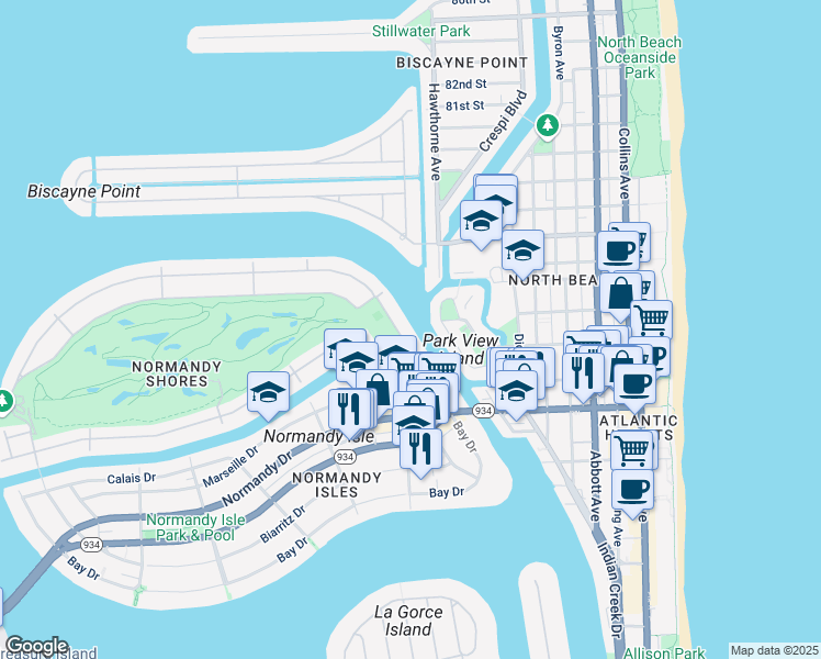 map of restaurants, bars, coffee shops, grocery stores, and more near 93 North Shore Drive in Miami Beach