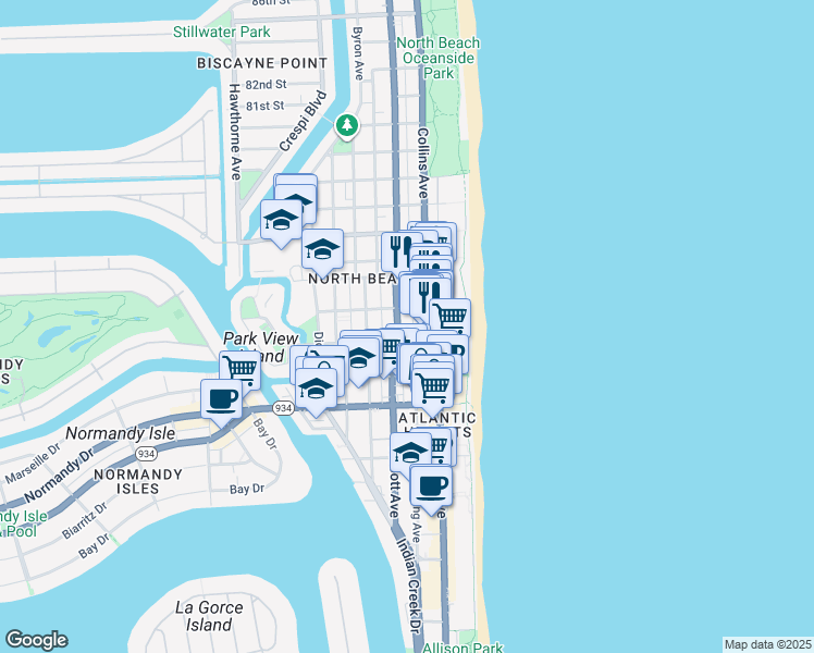 map of restaurants, bars, coffee shops, grocery stores, and more near 26 73rd Street in Miami Beach