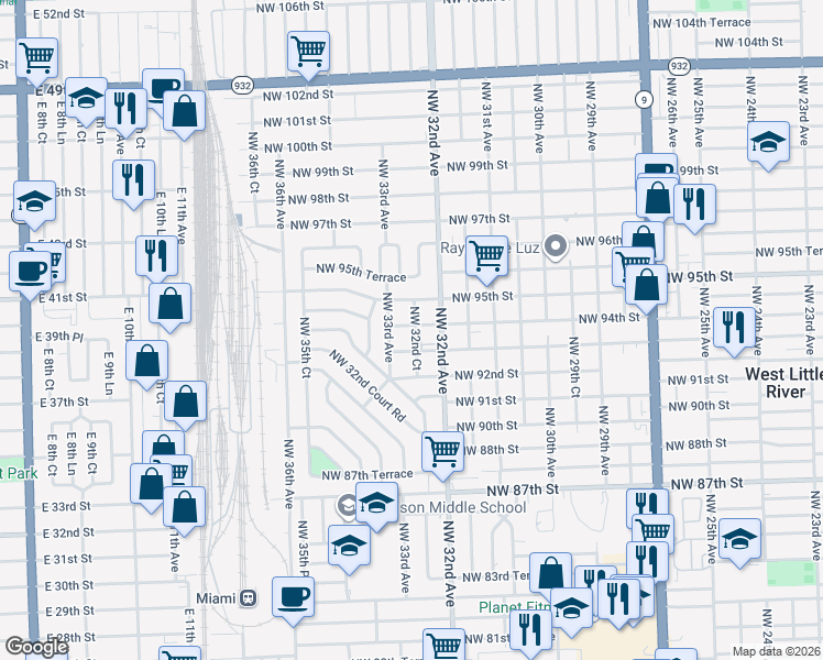 map of restaurants, bars, coffee shops, grocery stores, and more near 9300 Northwest 32nd Court in Miami