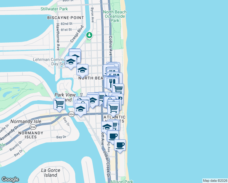 map of restaurants, bars, coffee shops, grocery stores, and more near in Miami Beach
