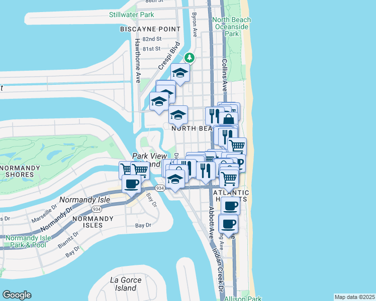 map of restaurants, bars, coffee shops, grocery stores, and more near 7325 Carlyle Avenue in Miami Beach