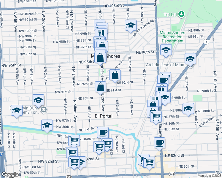 map of restaurants, bars, coffee shops, grocery stores, and more near 257 Northeast 91st Street in Miami Shores