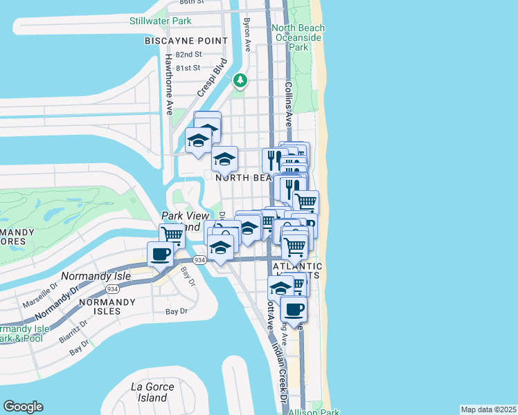 map of restaurants, bars, coffee shops, grocery stores, and more near 26 73rd Street in Miami Beach