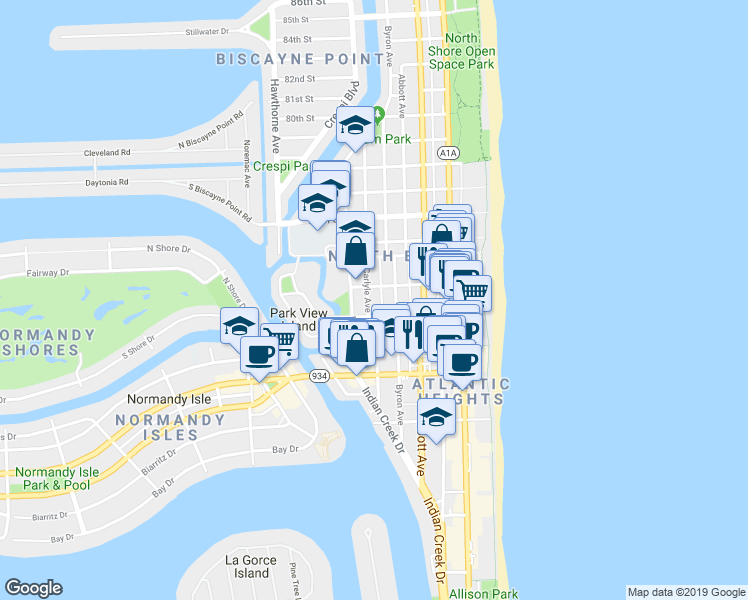 map of restaurants, bars, coffee shops, grocery stores, and more near 535 73rd Street in Miami Beach